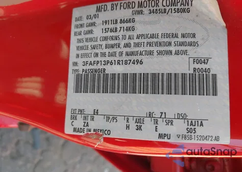 2001 Ford Escort from USA, damaged, VIN 3FAFP13P61R187496